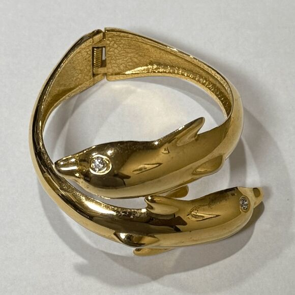 Vintage Gold-Tone Dolphin Bypass Bracelet – Rhinestone Eyes Hinged Bangle Cuff - Picture 1 of 7